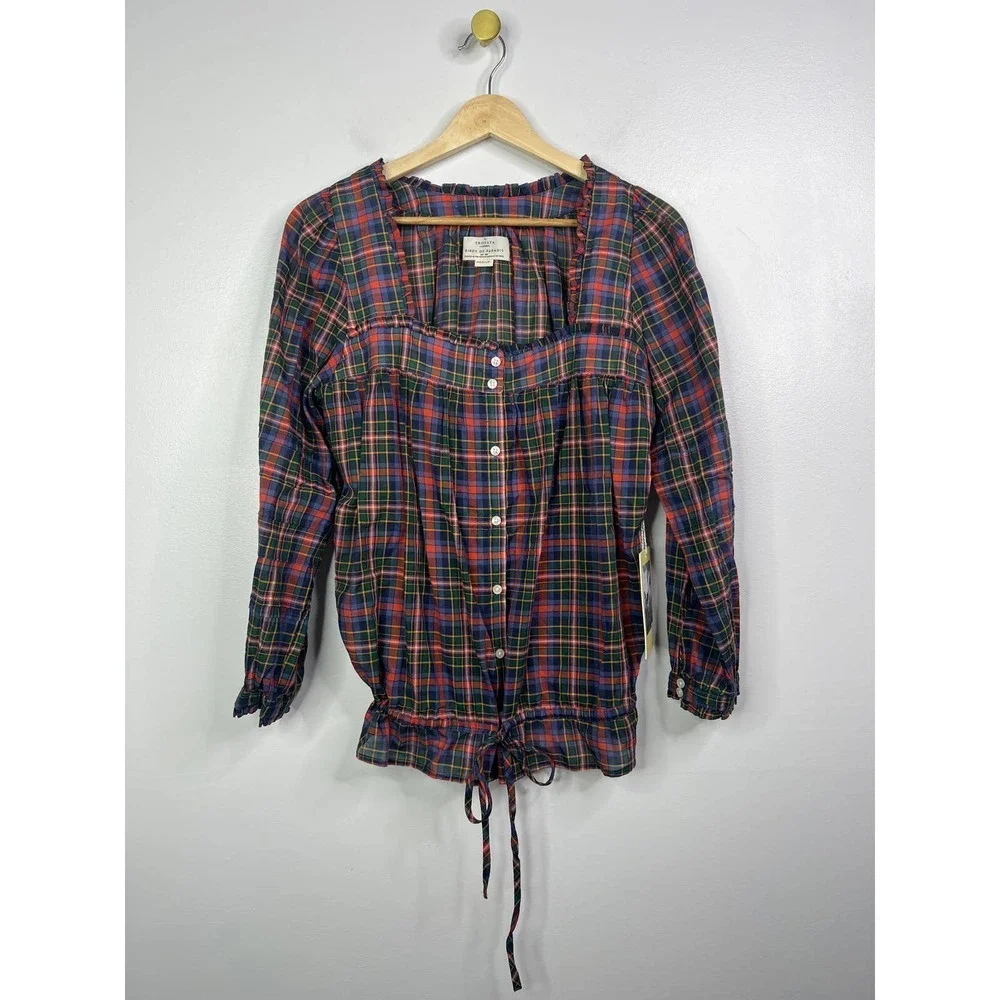 Birds of Paradis Trovata Eunice Square Neckline Ruffle Blouse Trail Plaid M NWT - Picture 2 of 11